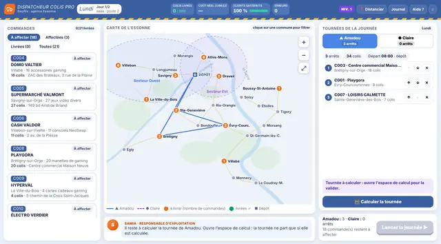 Capture d'écran du jeu Dispatcheur Colis Pro – Niveaux 1 à 3 (Bac Pro OTM)
