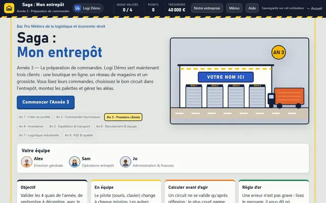 Capture d'écran du jeu Saga : Mon entrepôt – Année 3 · Premiers clients (Bac Pro Log)